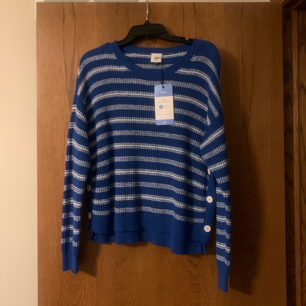 CAbi Blue and White Crew Neck Sweater with Nautical Stripes